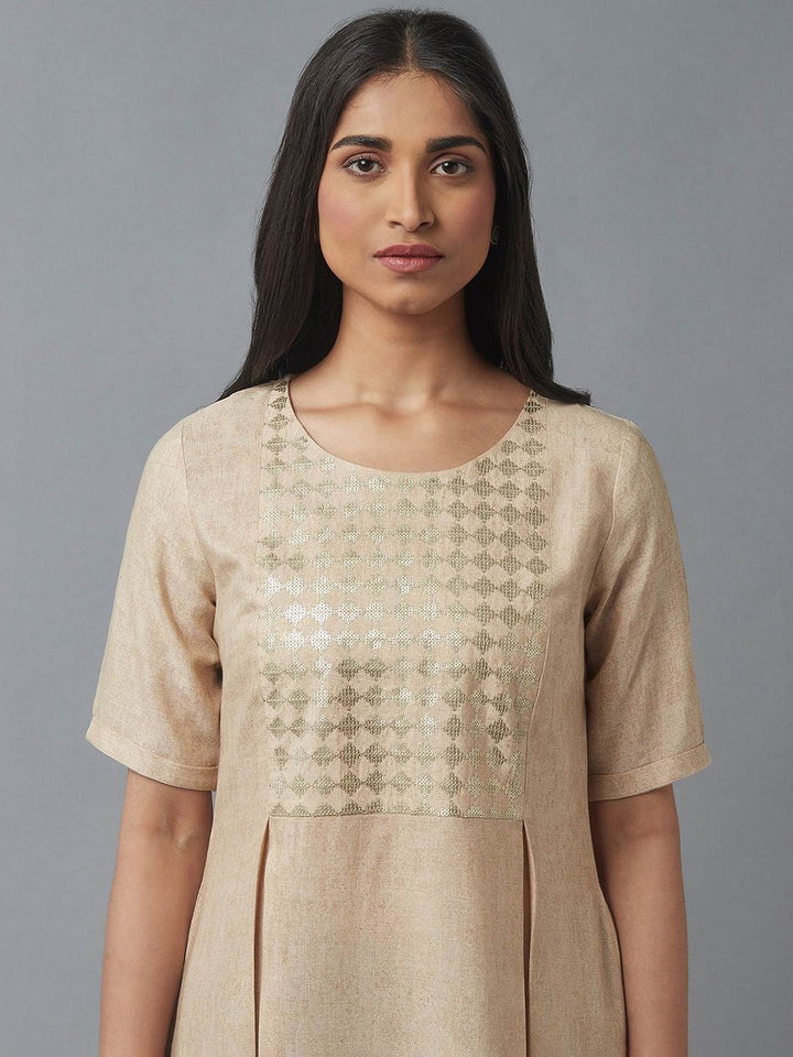 W Women Beige Embellished Keyhole Neck Flared Kurta