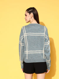 Berrylush Women Attractive Blue Checked Knits Bits Sweater