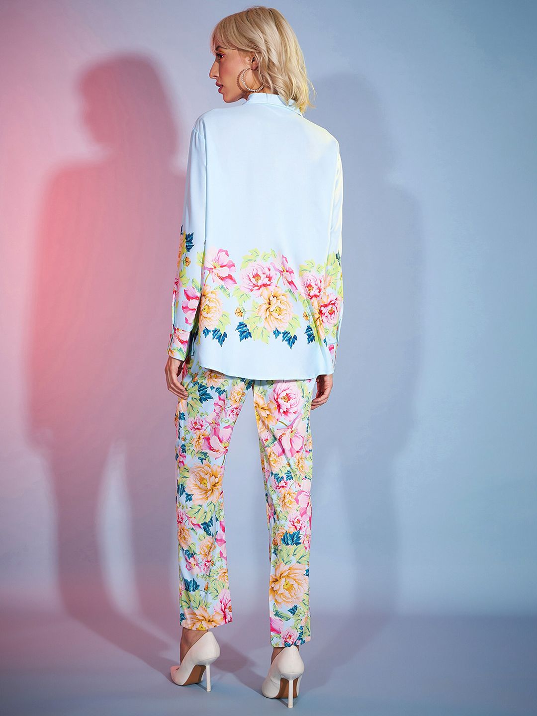 SASSAFRAS Turquoise Blue Floral Print Shirt With Tapered Trousers