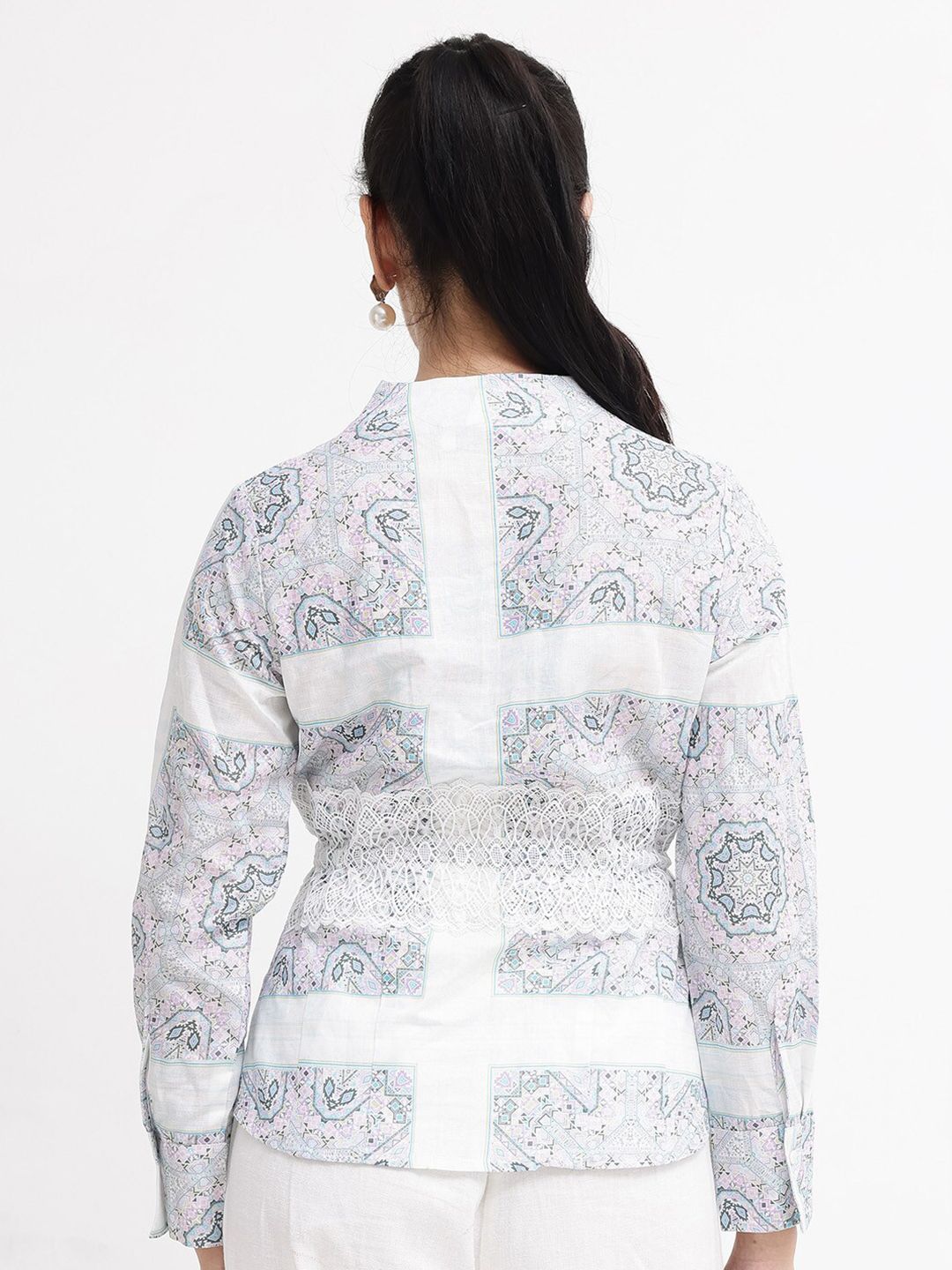 RAREISM Ethnic Motifs Printed Mandarin Collar Cotton Cinched Waist Top