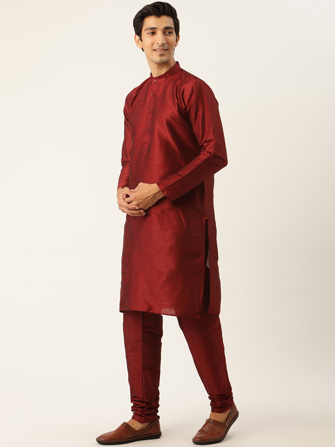 SOJANYA Men Maroon & Mustard Yellow Solid Kurta with Churidar & Nehru Jacket