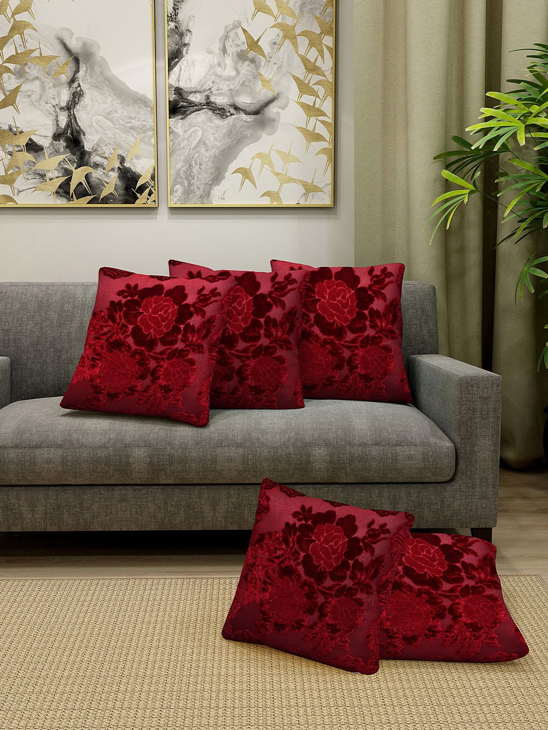 HOSTA HOMES Maroon Set of 5 Floral Embossed Velvet Square Cushion Covers