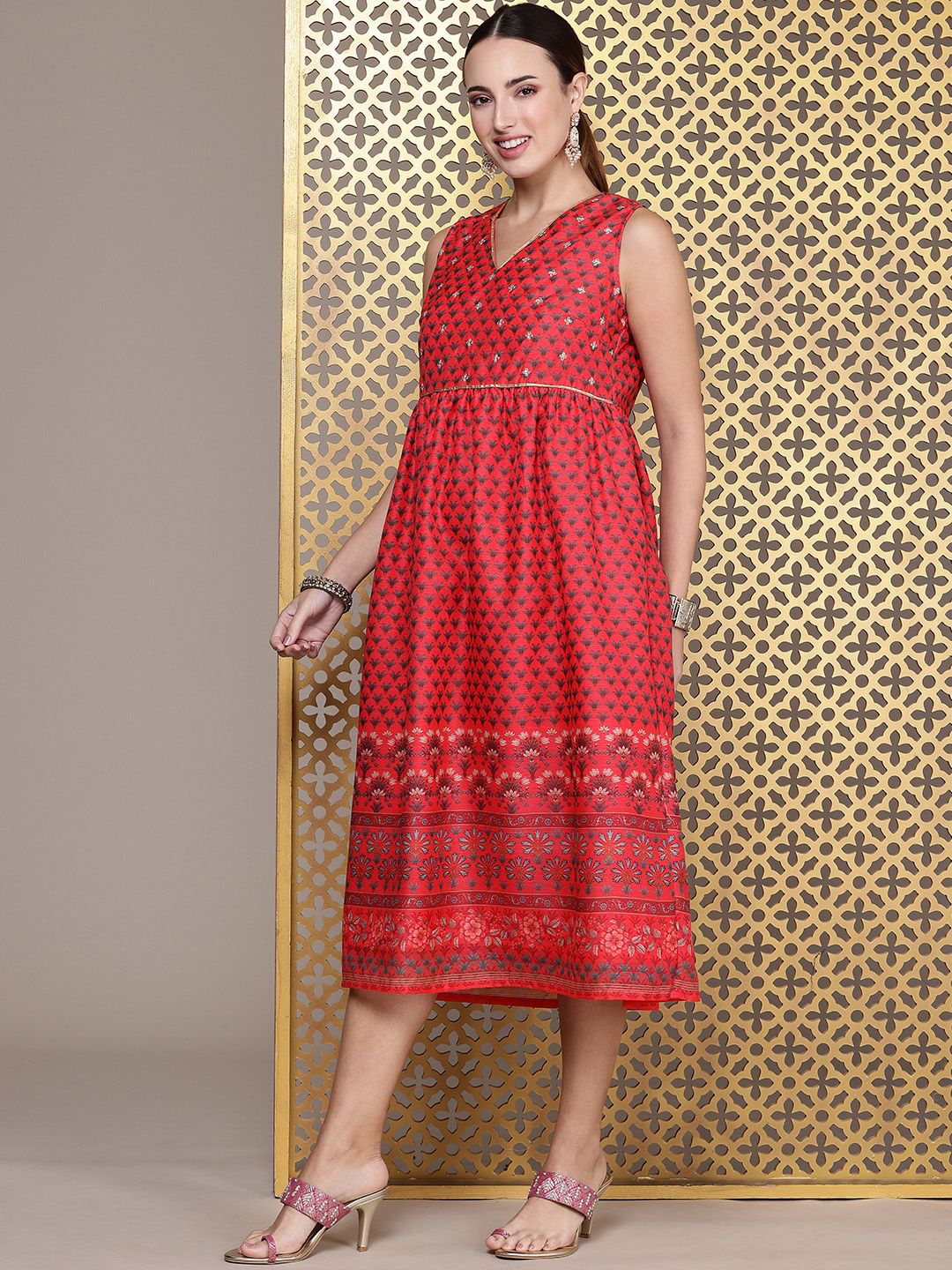 House of Pataudi Floral Printed Sequinned Detailed V-Neck A-Line Midi Jashn Dress
