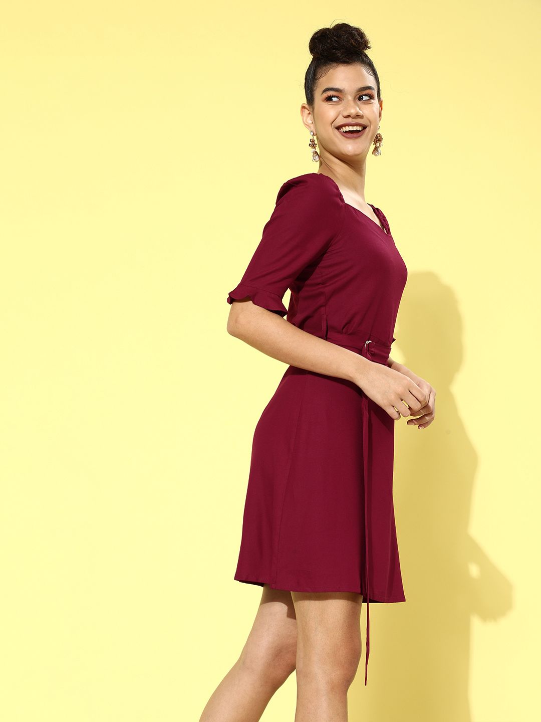 DressBerry Women Maroon Solid Belted Dress