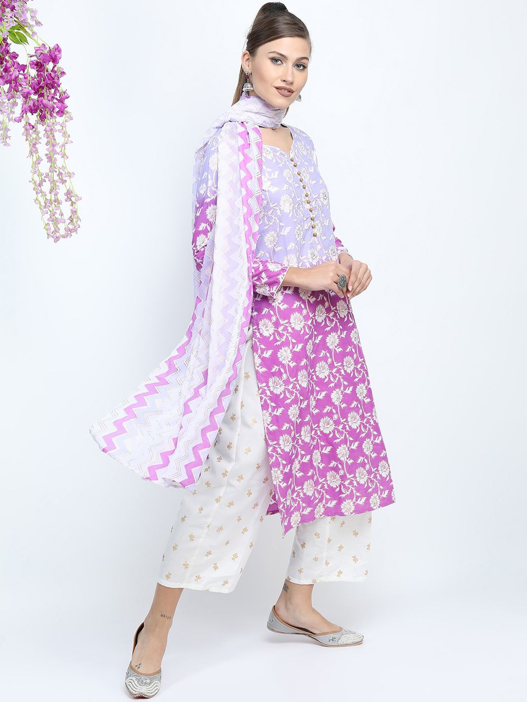 Vishudh Women Mauve Floral Printed High Slit Kurta with Palazzo & Dupatta