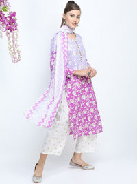 Vishudh Women Mauve Floral Printed High Slit Kurta with Palazzo & Dupatta