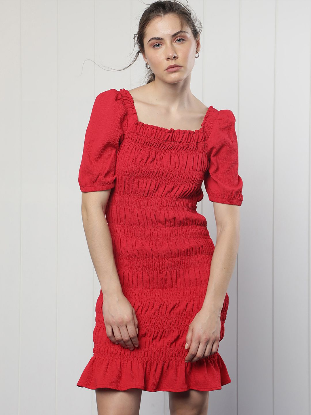 RAREISM Square Neck Smocked Detail Sheath Dress