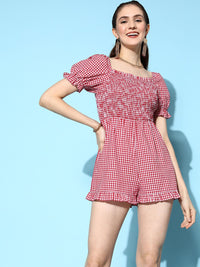 Berrylush Women Classic Red Checked Ruffled Jumpsuit