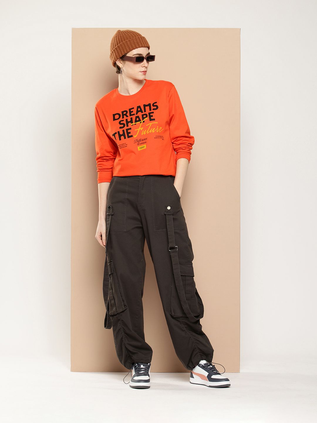 Difference of Opinion Oversized Fit Long Sleeve Typography Printed Pure Cotton T-shirt