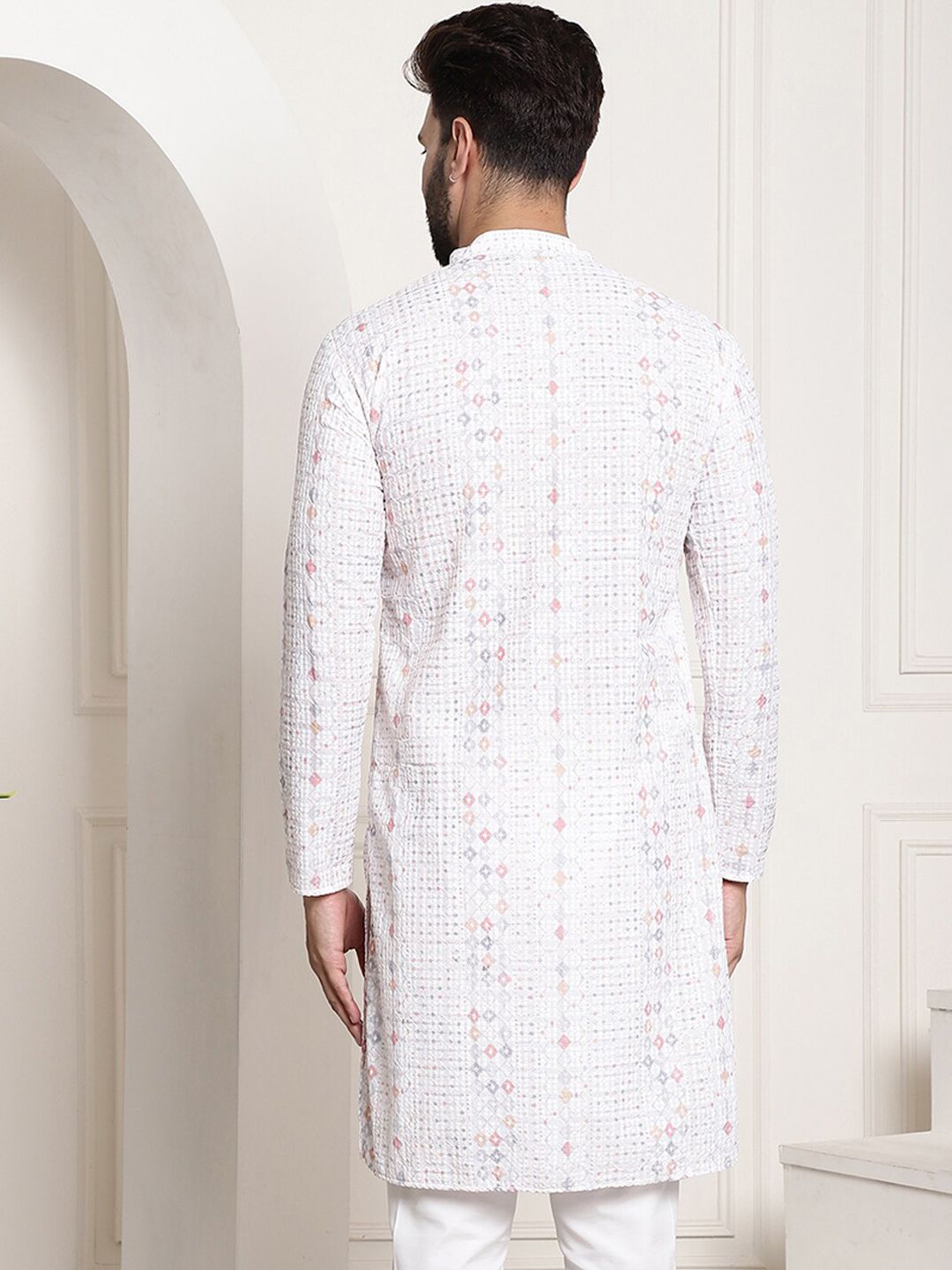 SOJANYA Band Collar Geometric Printed Thread Work Cotton Kurta