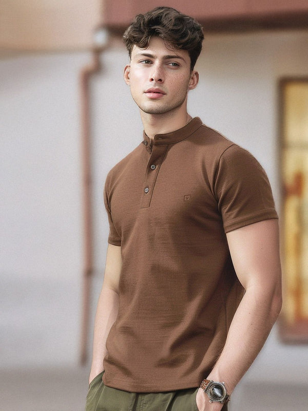 Urbano Fashion Men's Cocoa Brown Solid Mandarin Collar Slim Fit Half Sleeve Cotton T-Shirt