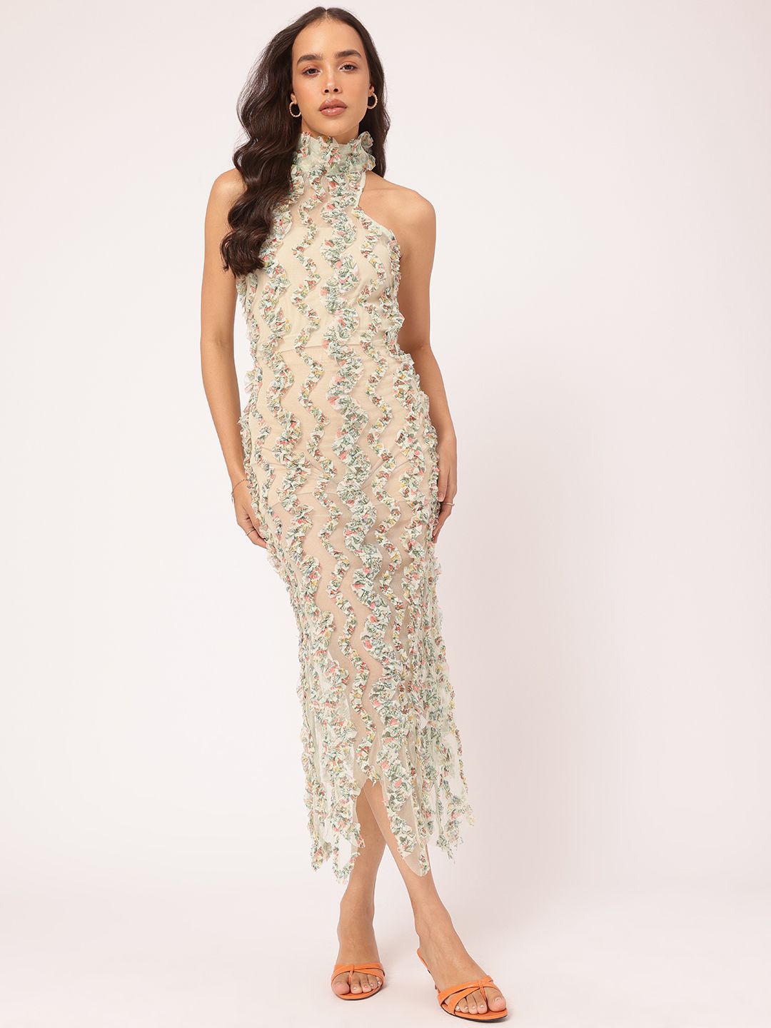 DressBerry Modern Vintage Ruffle Trims Sheer Net Backless Midi Dress
