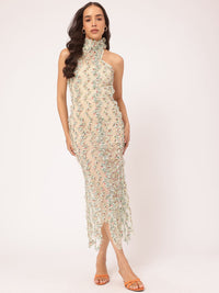 DressBerry Modern Vintage Ruffle Trims Sheer Net Backless Midi Dress