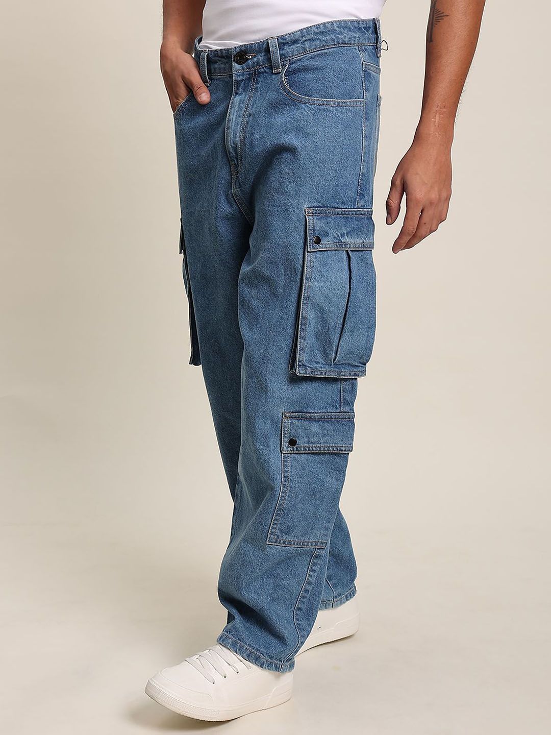 Bene Kleed Men Non Stretchable Pure Cotton Clean Look Mid Rise Baggy Fit Cargo Jeans
