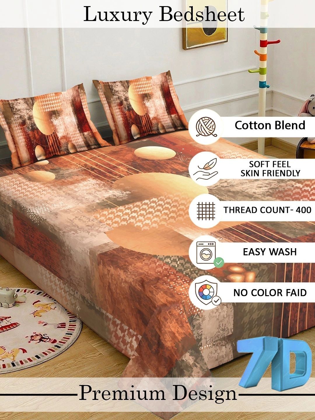 Moda Rapido X KLOTTHE Brown & Beige Geometric 400 TC King Bedsheet with 2 Pillow Covers