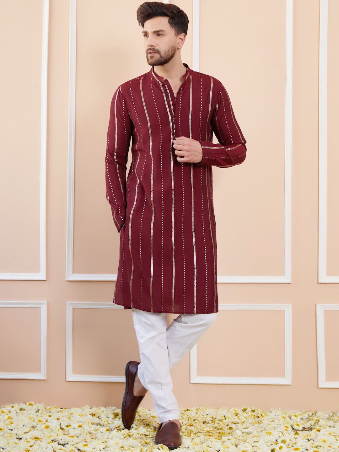 See Designs Mandarin Collar Striped Thread Work Chanderi Silk Straight Kurta