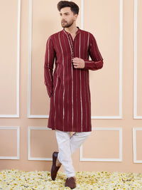 See Designs Mandarin Collar Striped Thread Work Chanderi Silk Straight Kurta