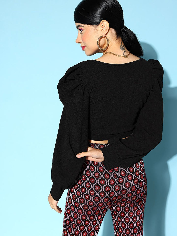 Berrylush Black Sweetheart Neck Bishop Sleeves Crepe Crop Top