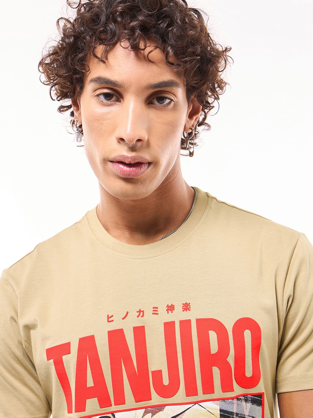 Bewakoof Official Demon Slayer Men's Brown Tanjiro Fire Breathing Graphic Printed T-shirt