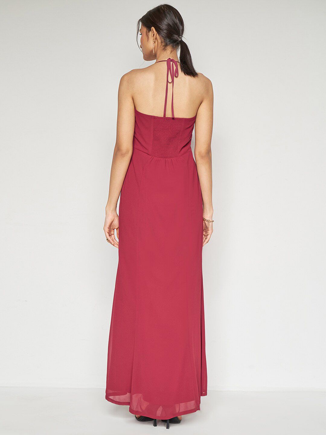 AND Halter Neck Tie-Up Detail Smocked Maxi Dress With Shrug