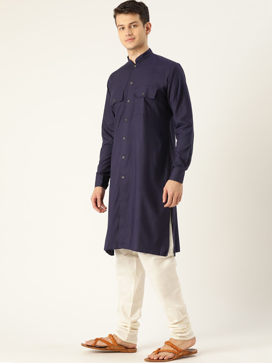 SOJANYA Lelaki Navy Blue Solid Kurta Lurus