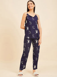 Sweet Dreams 3 Piece Navy Blue & White Conversational Printed Night suit