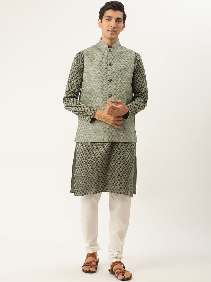 SOJANYA Kurta Motif Etnik Hijau & Putih Lelaki dengan Jaket Churidar & Nehru