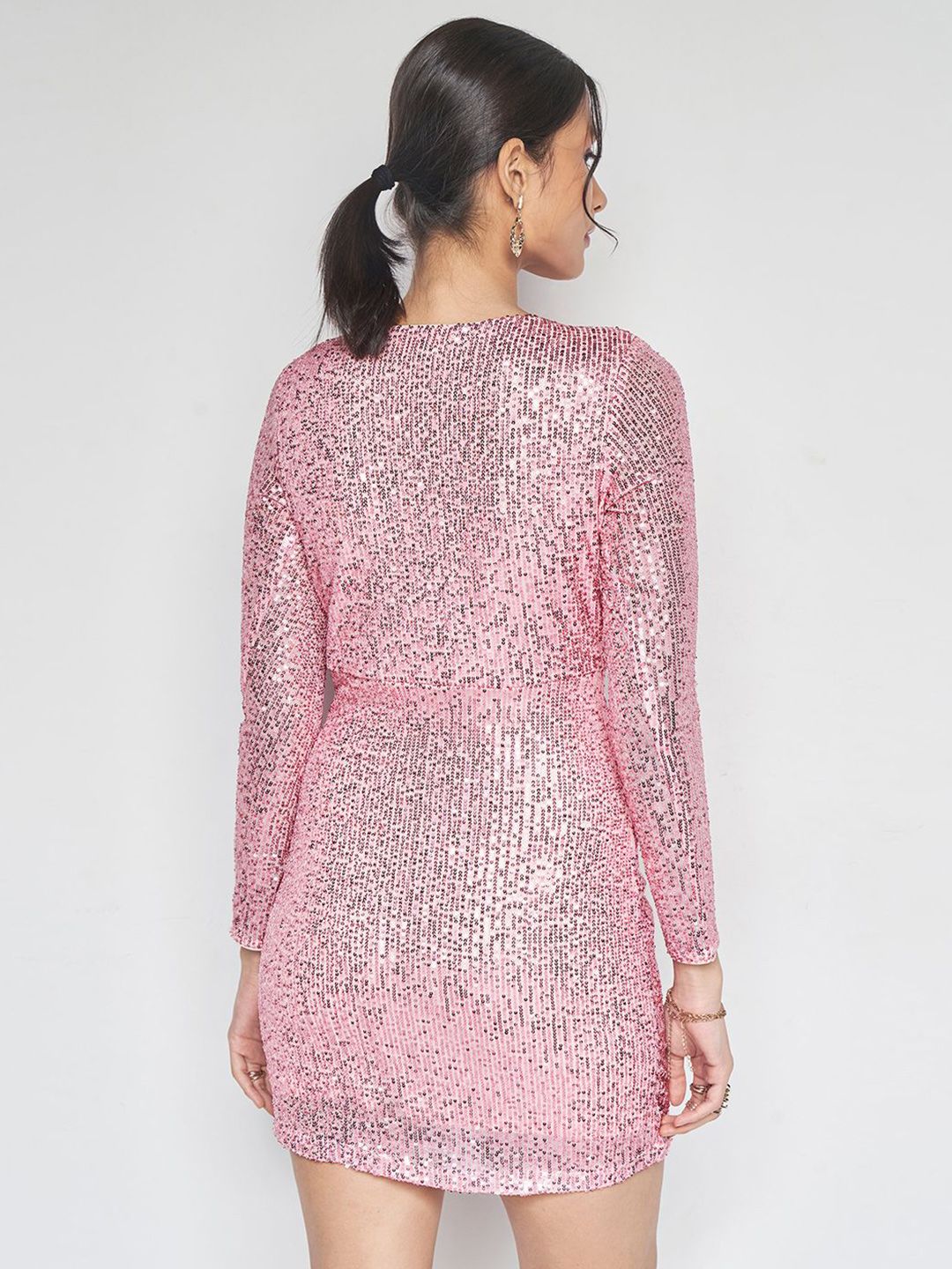 AND V-Neck Sequin Embellished Mini Wrap Dress
