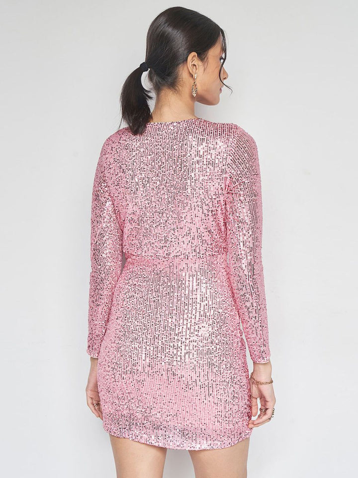 AND V-Neck Sequin Embellished Mini Wrap Dress