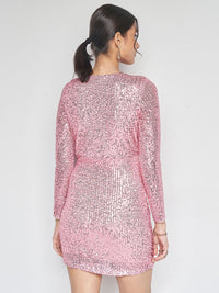 AND V-Neck Sequin Embellished Mini Wrap Dress