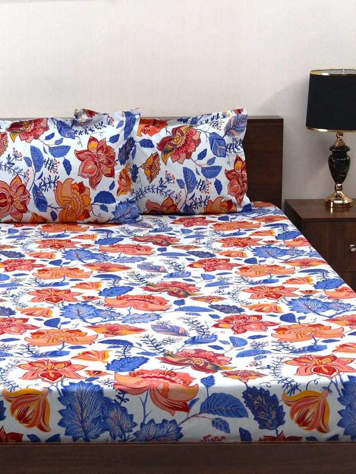 BOMBAY DYEING Cardinal Blue & White Floral 120 TC Cotton Queen Bedsheet-2.24 m X 2.54 m