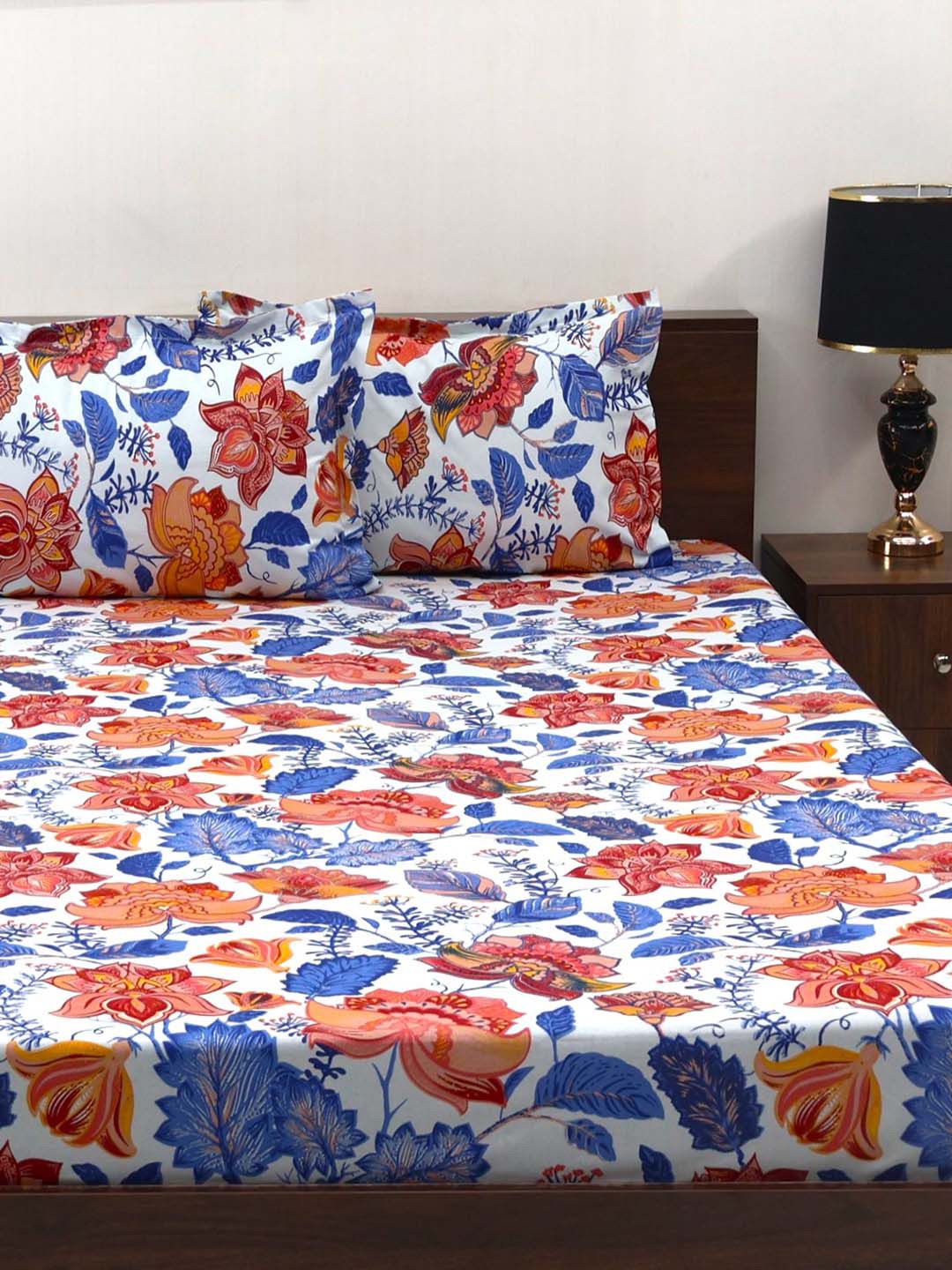 BOMBAY DYEING Cardinal Blue & White Floral 120 TC Cotton Queen Bedsheet-2.24 m X 2.54 m