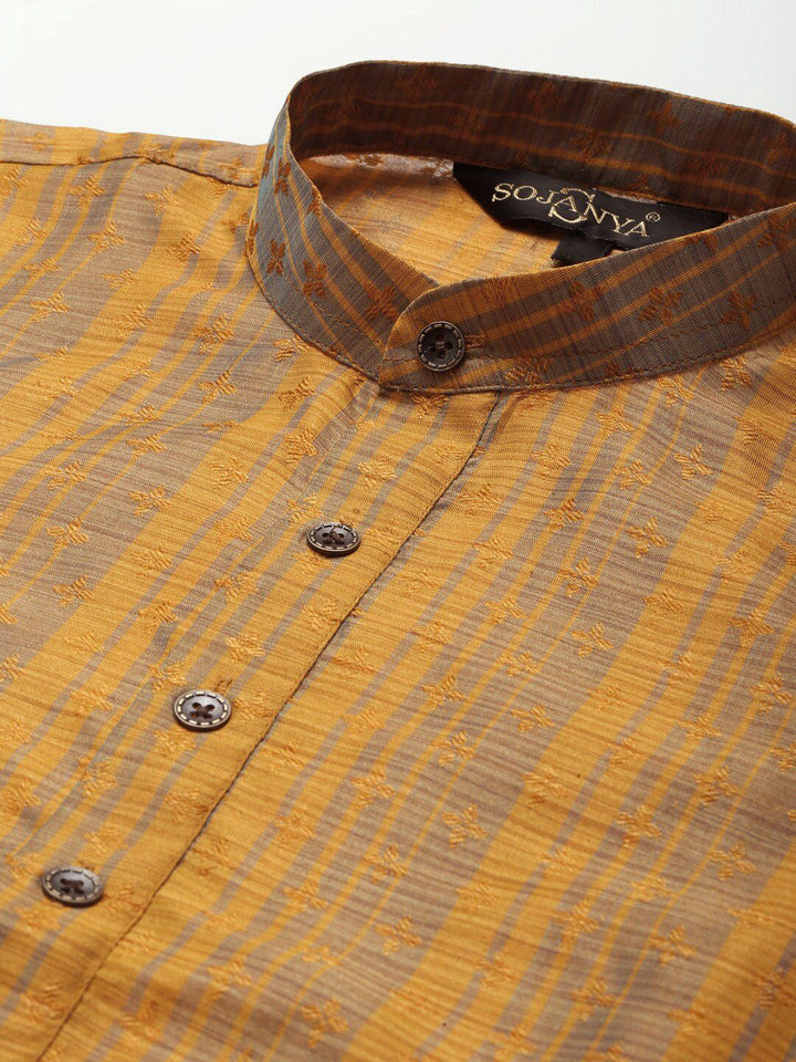 SOJANYA Lelaki Mustard Yellow & Brown Floral Thread Work Kurta