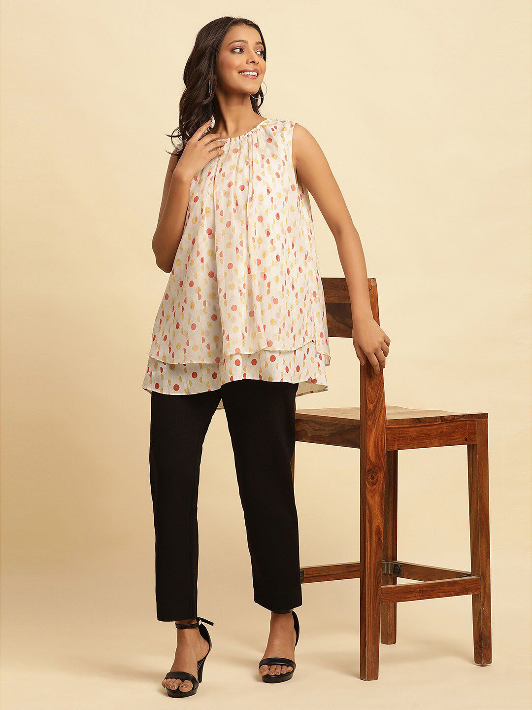 W Polka Dots Printed Layered Pure Cotton Top