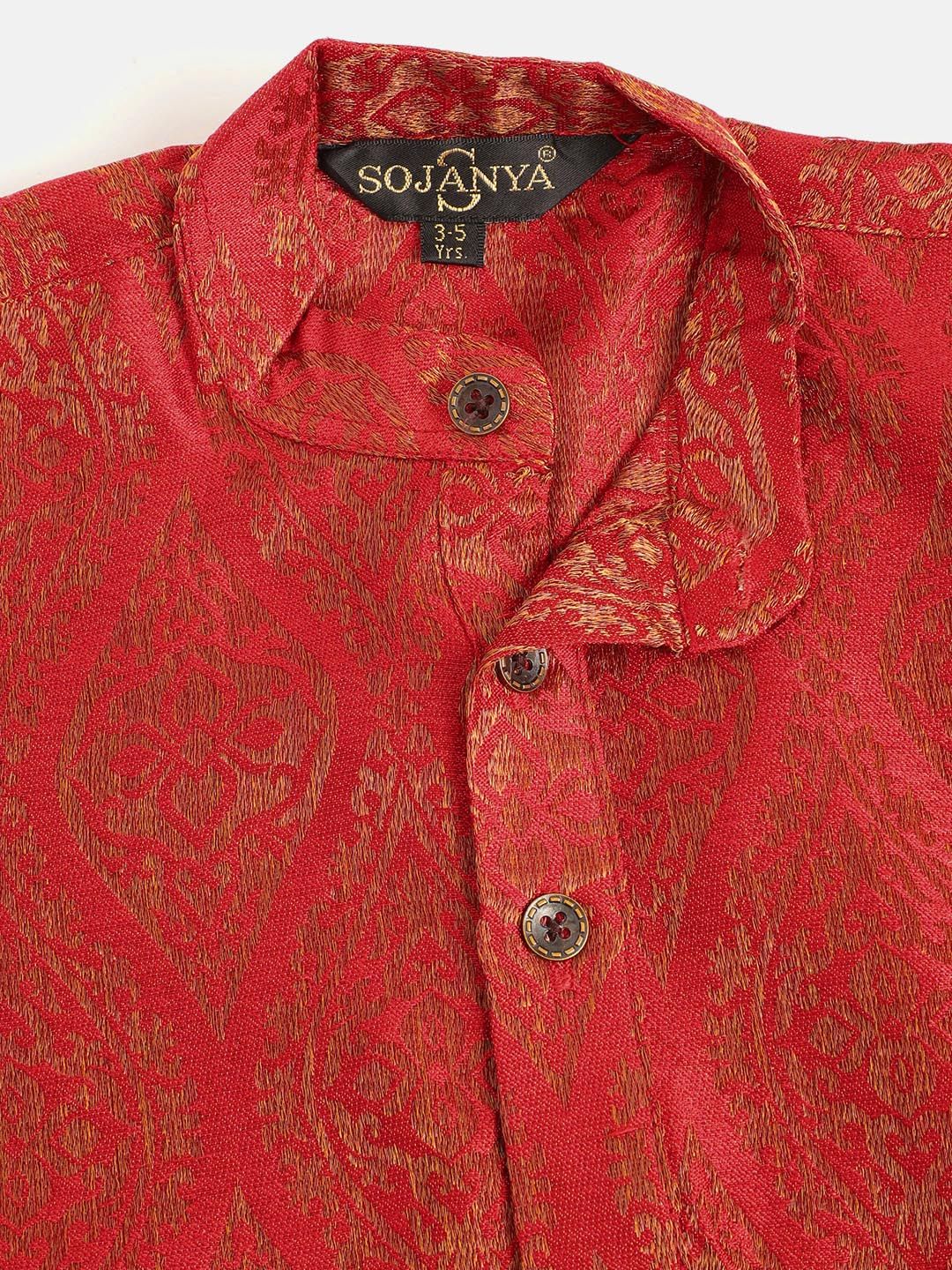 SOJANYA Boys Red & Brown Ethnic Motifs Woven Design Jacquard Weave Band Collar Kurta
