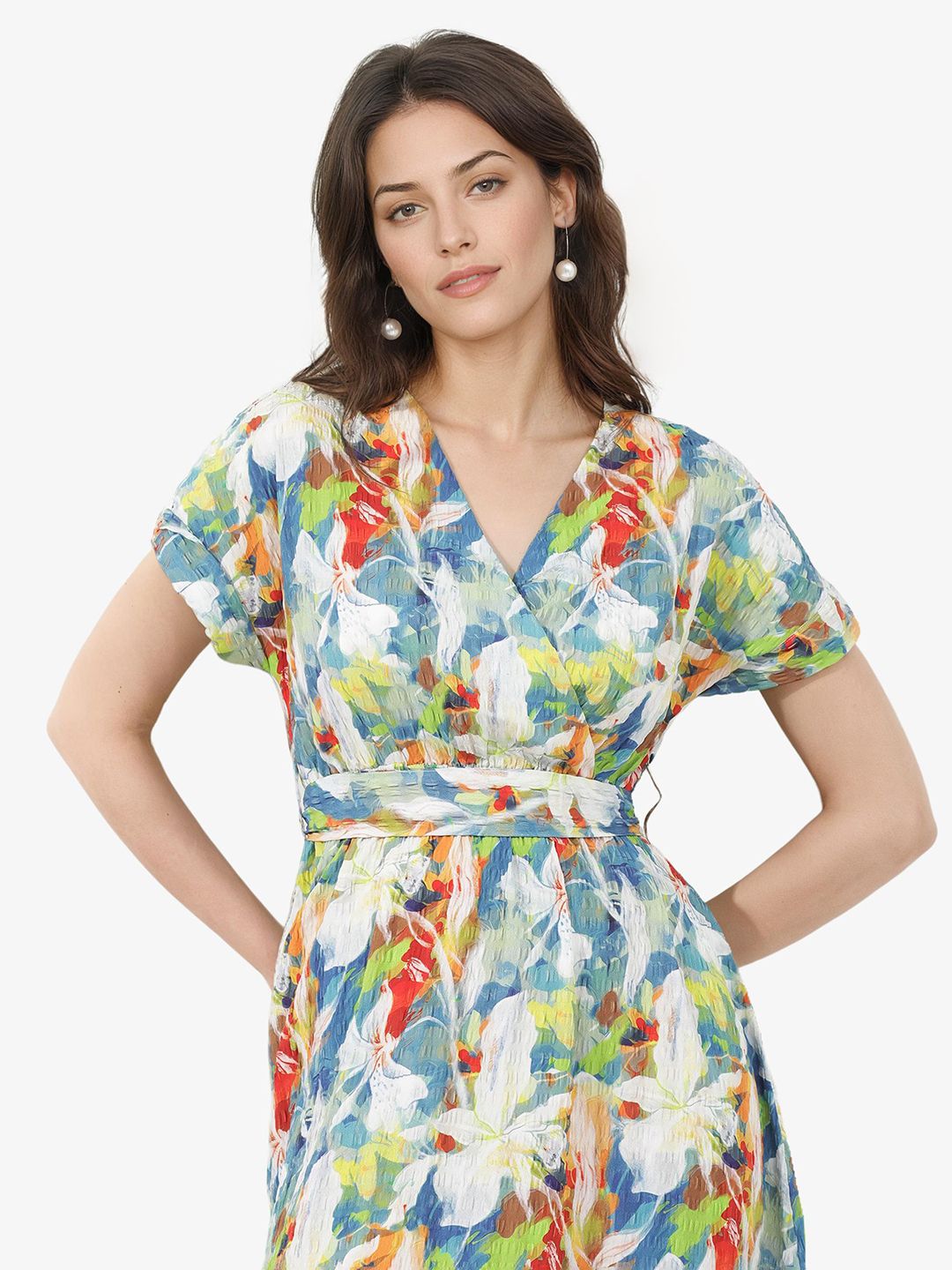 RAREISM V Neck Floral Printed Fit & Flare Midi Dress