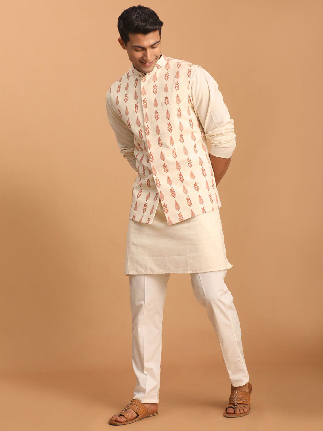 VASTRAMAY Mandarin Collar Regular Pure Cotton Sustainable Kurta With Pyjamas & Nehru Jacket