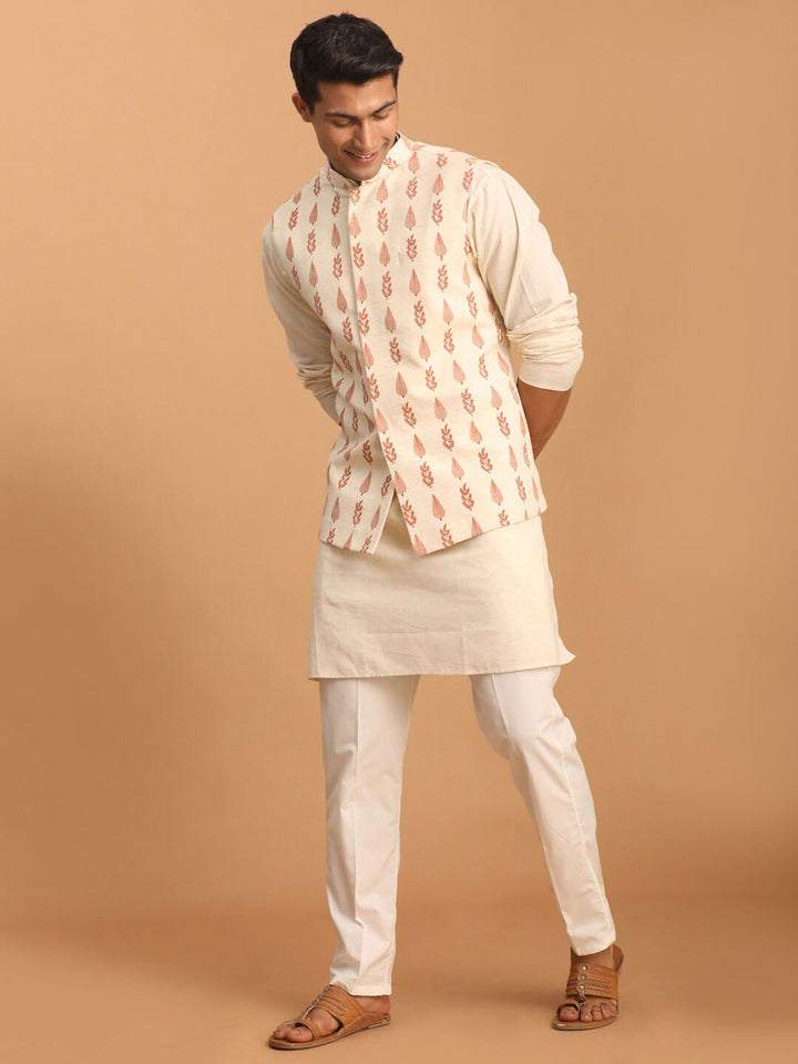 VASTRAMAY Mandarin Collar Regular Pure Cotton Sustainable Kurta With Pyjamas & Nehru Jacket