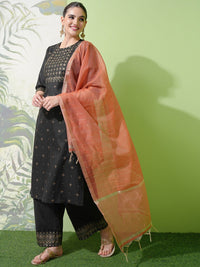 Vishudh Black Ethnic Motifs Printed Straight Kurta With Palazzos & Dupatta
