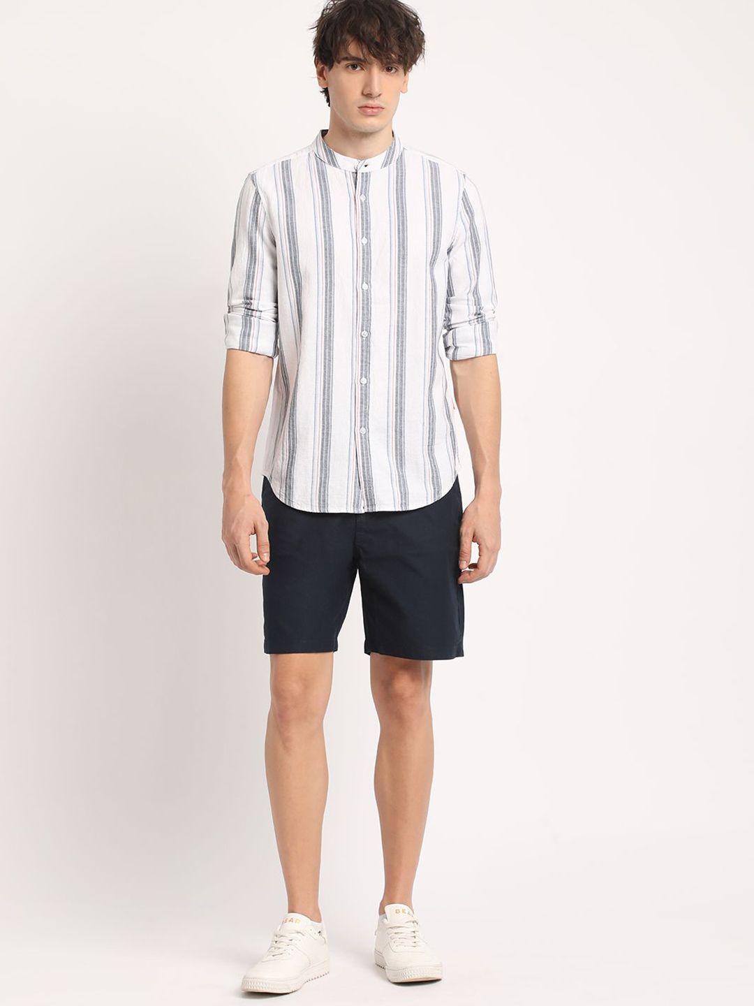 THE BEAR HOUSE Pure Cotton Striped Slim Fit Mandarin Collar Casual Shirt