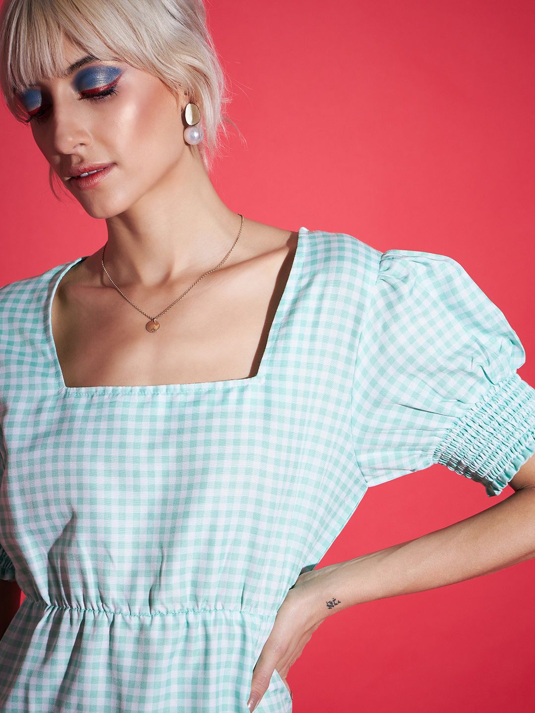 SASSAFRAS Green Square Neck Checked A-Line Midi Dress