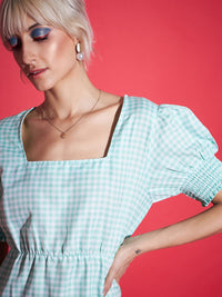 SASSAFRAS Green Square Neck Checked A-Line Midi Dress