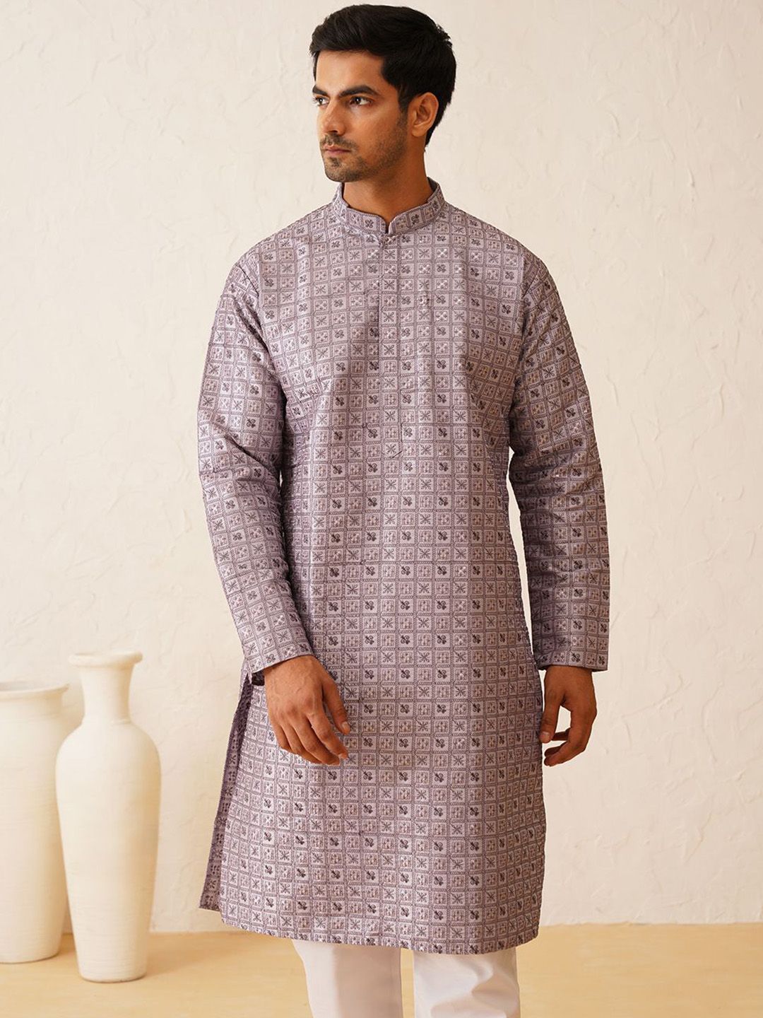 SOJANYA LUXE Ethnic Motifs Embroidered Regular Cotton Silk Thread Work Kurta with Pyjamas