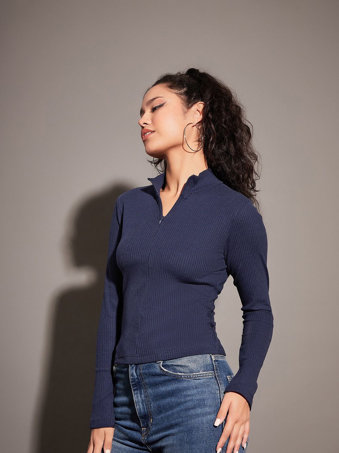 SASSAFRAS Navy Blue High Neck Half Zipper Fitted Top