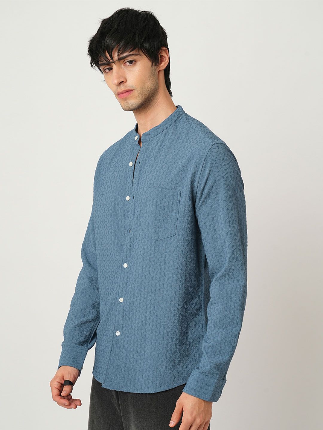 VASTRADO Men Classic Band Collar Textured Slim Fit Casual Shirt