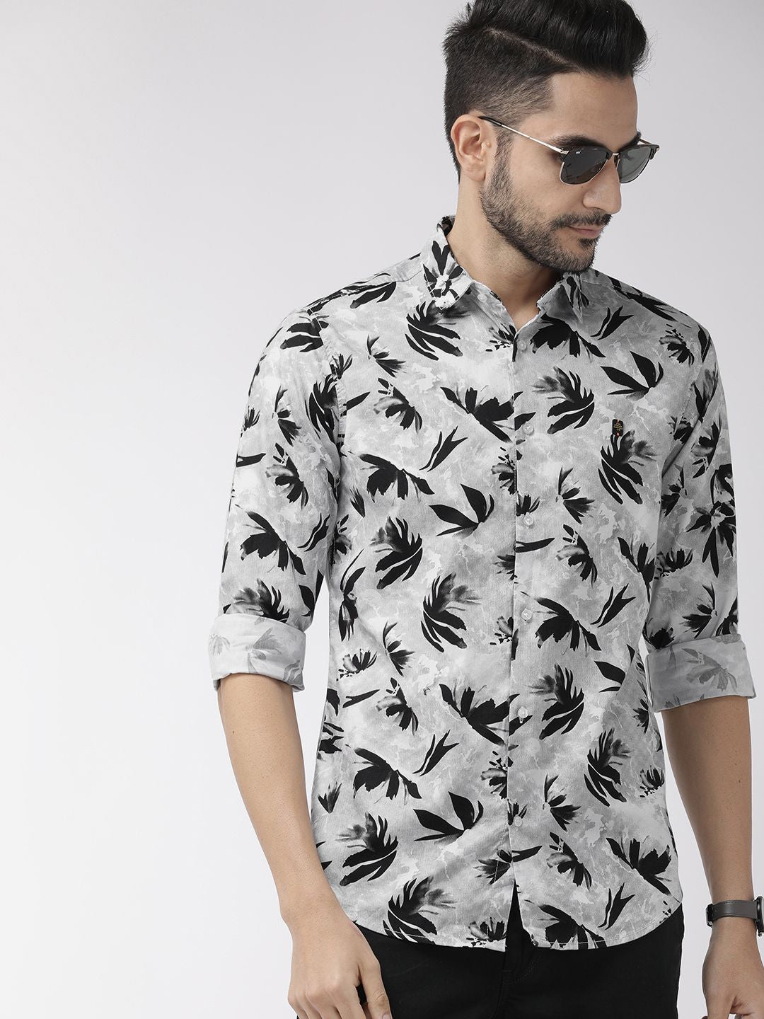 The Indian Garage Co Men Grey & Black Slim Fit Printed Casual Shirt