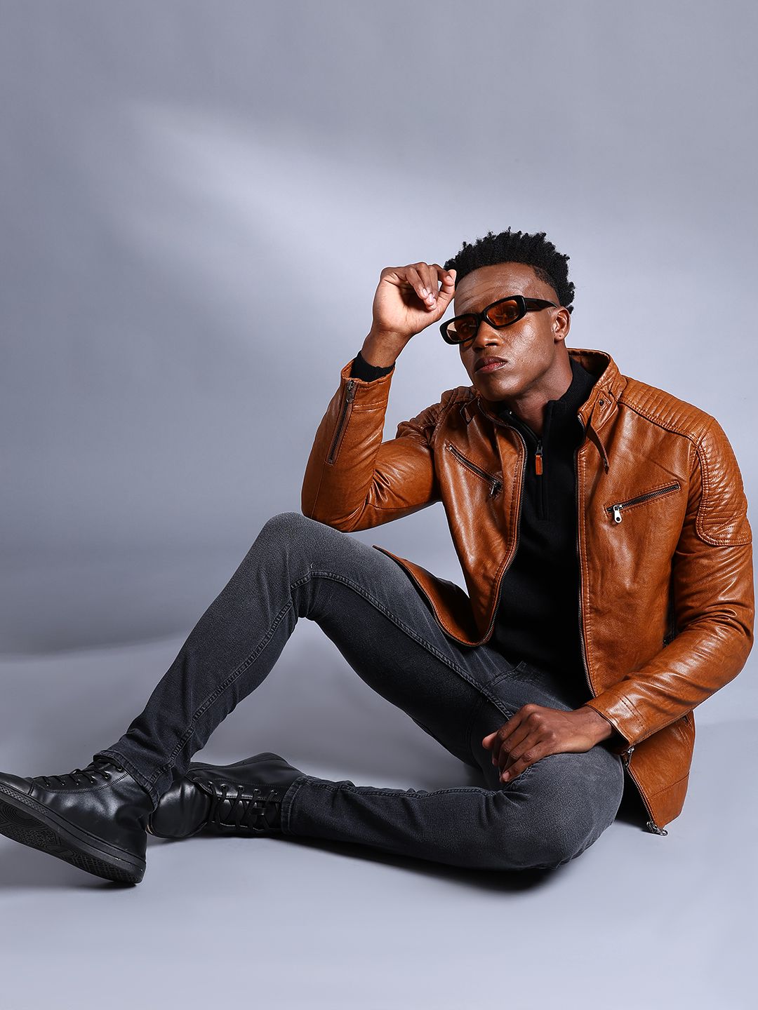 The Indian Garage Co Men Brown Solid Faux Biker Jacket