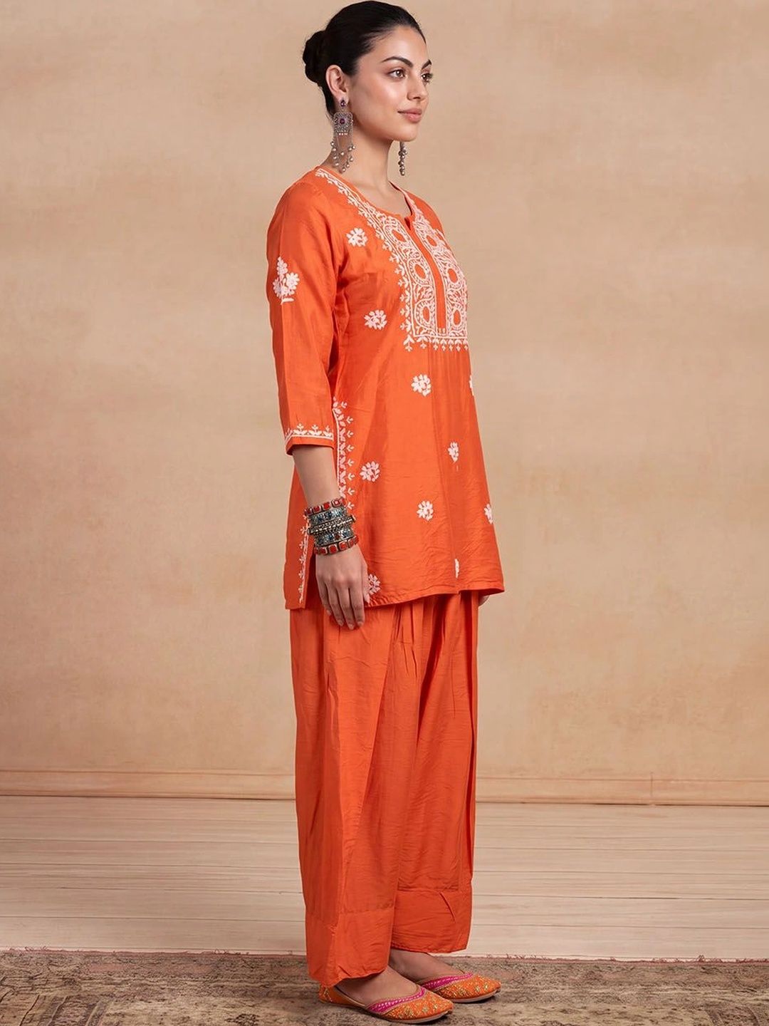 House of Chikankari Women Ethnic Motifs Embroidered Regular Thread Work Chanderi Silk Kurta with Patiala