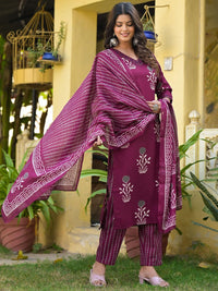 KALINI Floral Printed Regular Thread Work Straight Kurta With Trousers & Dupatta