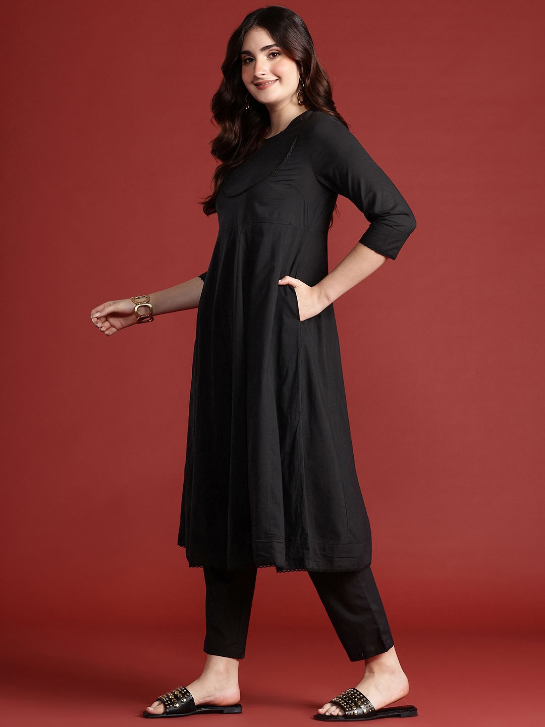 Anouk Panelled Kurta with Trousers & Dupatta